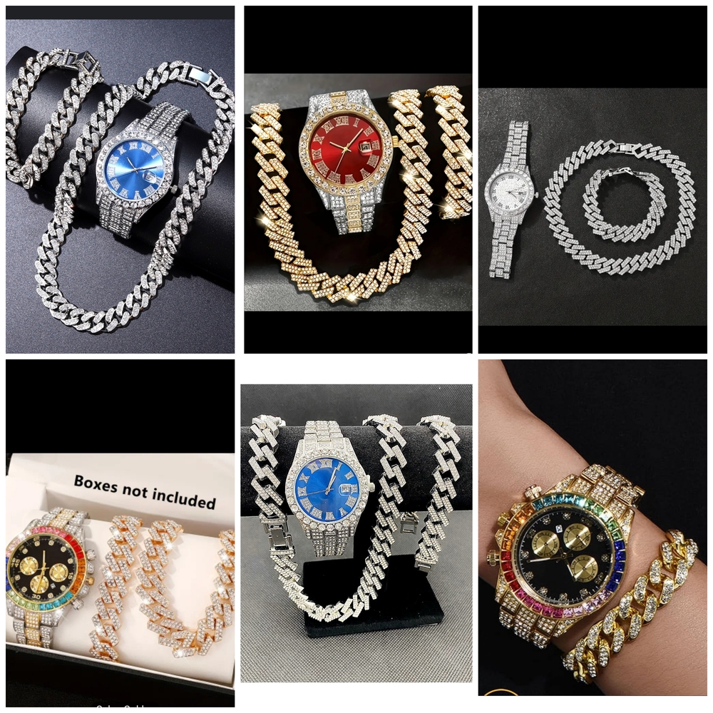 NEW Luxury Rhinestones CUBAN Watch,Bracelet and Neck Chain Set - Blue, Red,Gold